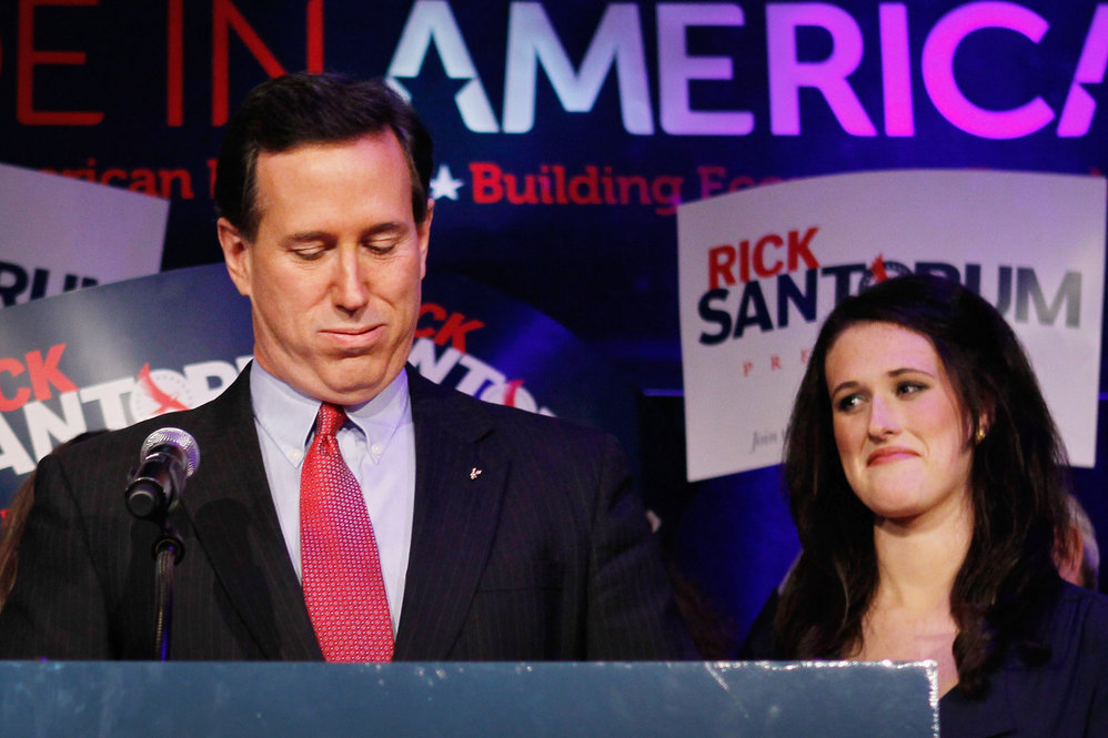 Rick Santorum speaks at an election night rally in Grand Rapids, Mich., after he placed second in both Michigan and Arizona. 