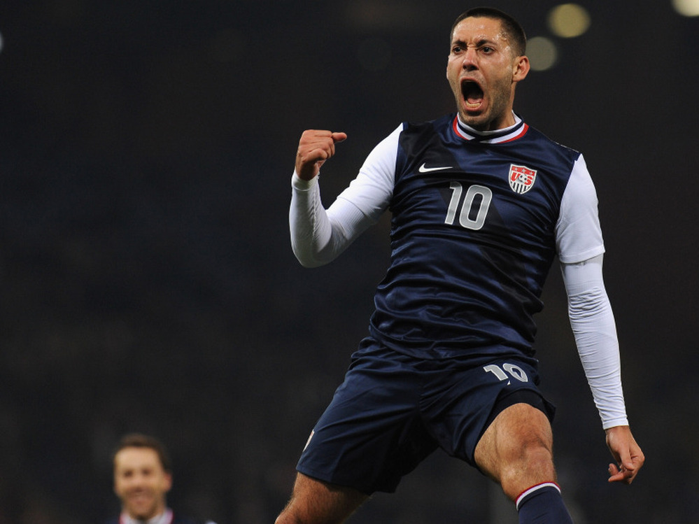 Clint Dempsey of Team USA celebrates his goal against Italy earlier today (Feb. 29, 2012) in Genoa, Italy.