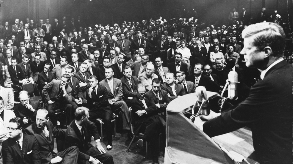 Then-Sen. John F. Kennedy participates in a question-and-answer session with the Ministers' Association of Greater Houston on Sept. 12, 1960, in Houston. In a speech to the group, Kennedy addressed concerns about his Catholicism and his run for the presidency. 