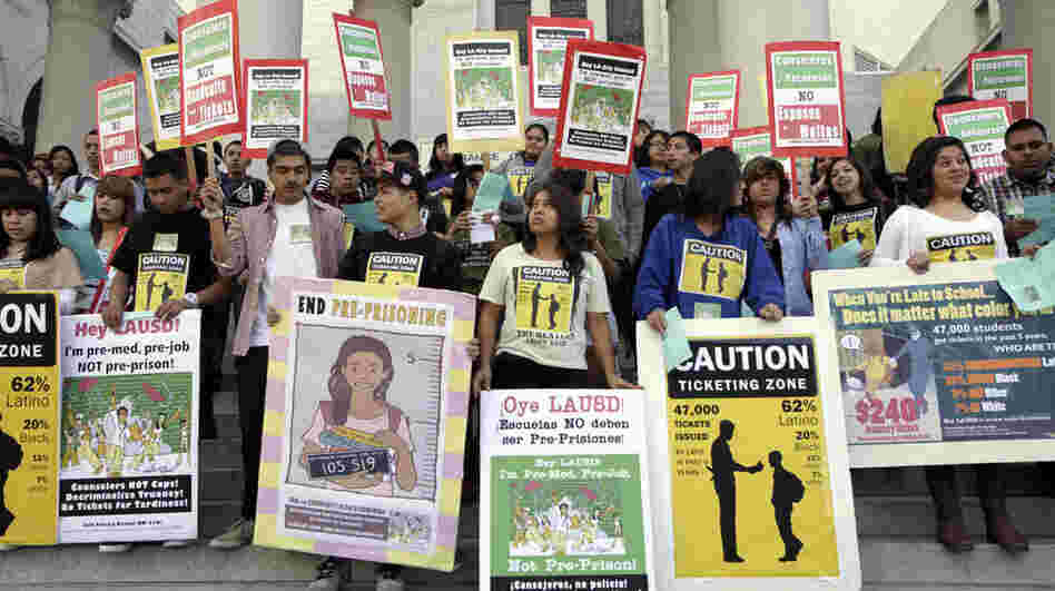 Students rally against truancy policies on the steps of City Hall in Los Angeles on Feb. 22. The city is relaxing its punitive truancy policies to focus on the reasons students skip class. Students rally against truancy policies on the steps of City Hall in Los Angeles on Feb. 22. The city is relaxing its punitive truancy policies to focus on the reasons students skip class.