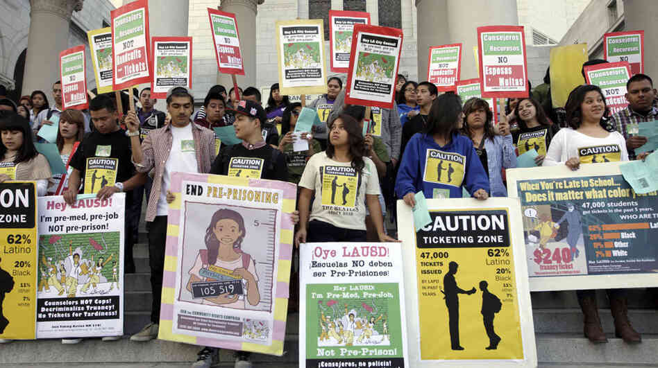 Students rally against truancy policies on the steps of City Hall in Los Angeles on Feb. 22. The city is relaxing its punitive truancy policies to focus on the reasons students skip class. Students rally against truancy policies on the steps of City Hall in Los Angeles on Feb. 22. The city is relaxing its punitive truancy policies to focus on the reasons students skip class.