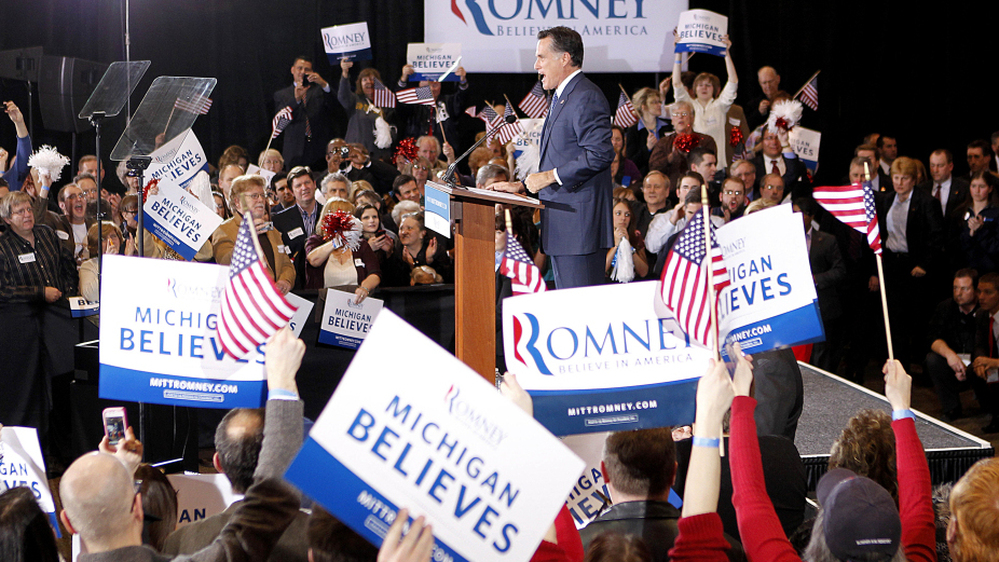 Former Massachusetts Gov. Mitt Romney gives a victory speech Tuesday in Novi, Mich., after winning the state's primary. 
