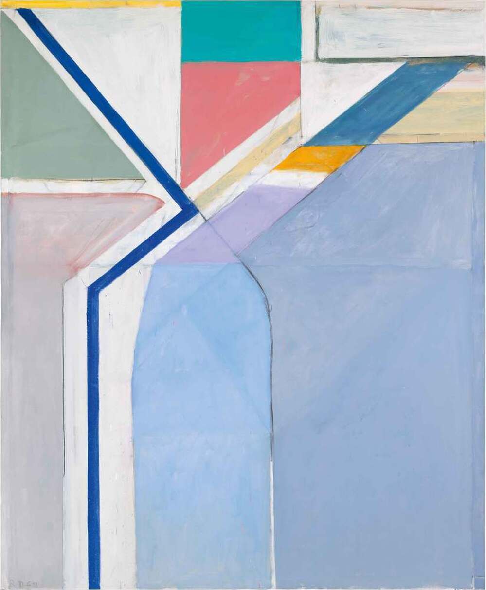  Diebenkorn's studio sat on a hillside; he looked out and up at the geometry of the hill, and how the streets crossed one another. Above, his 1969 oil painting Ocean Park #24.