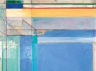Richard Diebenkorn's 1975 work Ocean Park #79, features pastel blues, lavenders and aquas — and thin strips of deep red and green at the top to draw the viewer's gaze upward. Richard Diebenkorn's 1975 work Ocean Park #79, features pastel blues, lavenders and aquas — and thin strips of deep red and green at the top to draw the viewer's gaze upward.