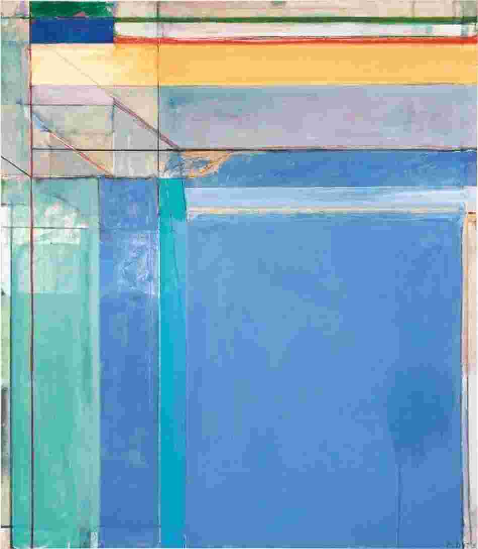 Richard Diebenkorn's 1975 work Ocean Park #79, features pastel blues, lavenders and aquas — and thin strips of deep red and green at the top to draw the viewer's gaze upward.