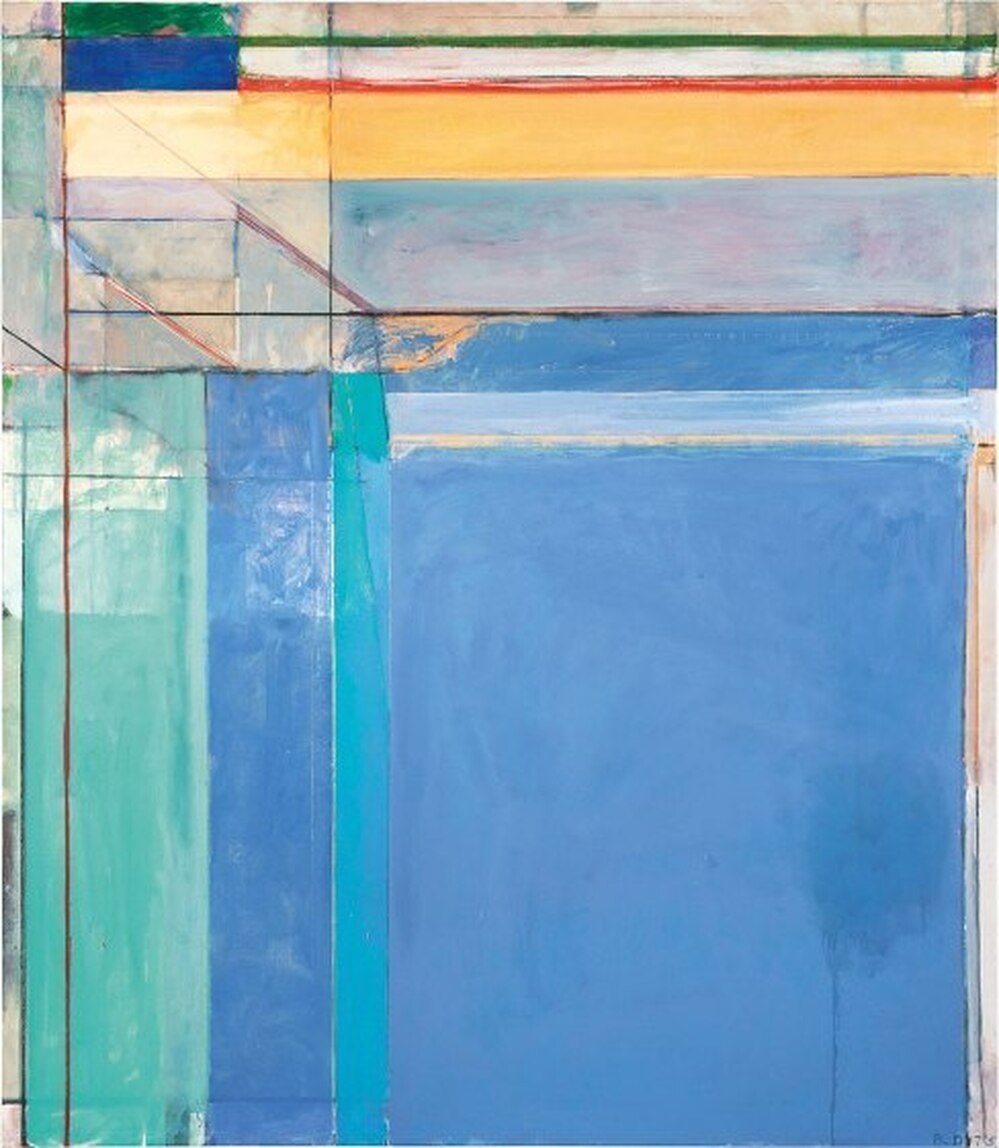 Richard Diebenkorn's 1975 work Ocean Park #79, features pastel blues, lavenders and aquas — and thin strips of deep red and green at the top to draw the viewer's gaze upward.