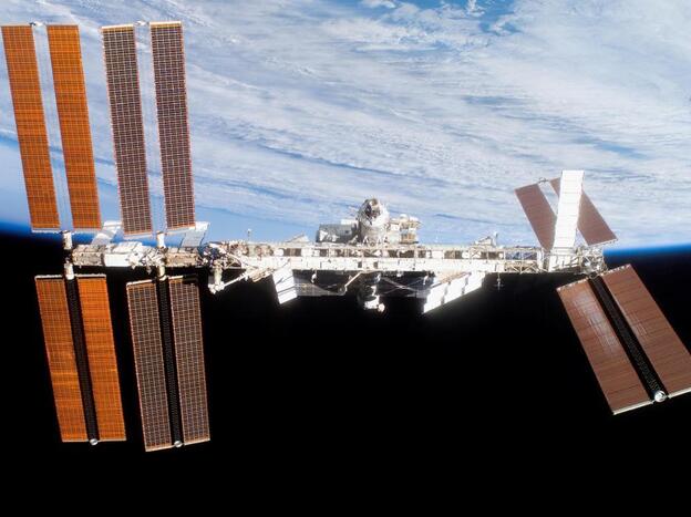 The International Space Station, seen from the shuttle Discovery