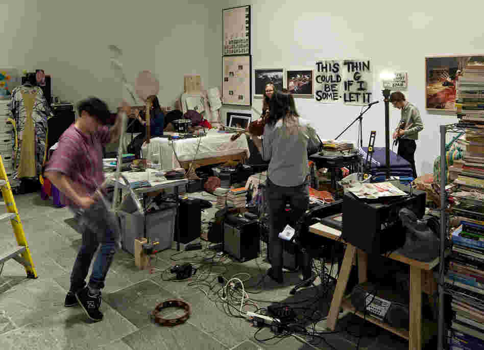 Dawn Kasper's nomadic studio, THIS COULD BE SOMETHING IF I LET IT, is a three-month performance and multimedia installation she inhabits for seven hours a day. "This is my home and my studio for the time being," she says. "I take naps, but I can't sleep overnight."