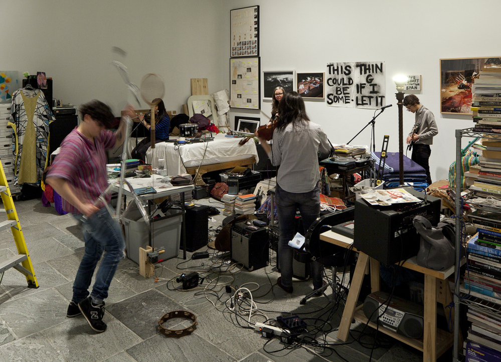 Dawn Kasper's nomadic studio, THIS COULD BE SOMETHING IF I LET IT, is a three-month performance and multimedia installation she inhabits for seven hours a day. "This is my home and my studio for the time being," she says. "I take naps, but I can't sleep overnight."
