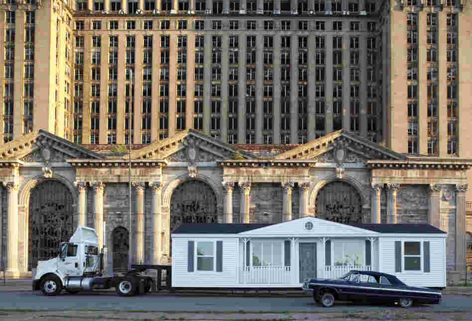 Mike Kelley built a replica of his childhood home and repositioned it around Detriot. Three of his videos are on display at the Whitney. Above The Mobile Homestead is pictured in front of the abandoned Detroit Central Train Station. Kelley died in January.