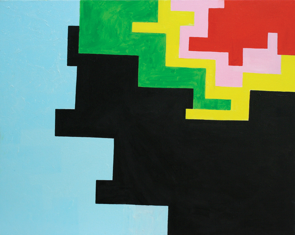 Andrew Masullo works on small canvases with unmixed oil paint in high-keyed colors. Above, his 2008-10 oil-on-canvas, 5030.