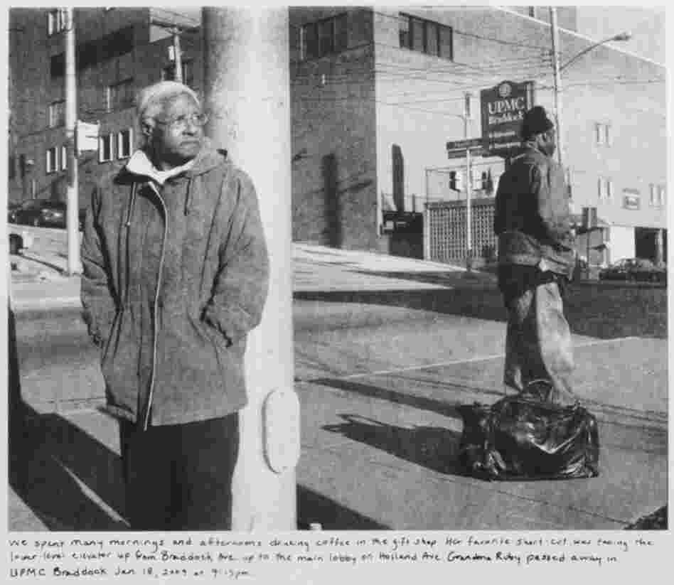 La Toya Ruby Frazier's black-and-white images document the decline of her industrial hometown, Braddock, Pa. Her 2011 work, Grandma Ruby and U.P.M.C., depicts her grandmother in front of a hospital that has since been torn down.