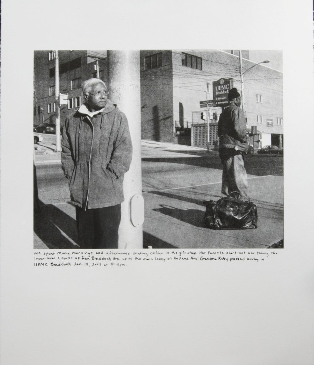 La Toya Ruby Frazier's black-and-white images document the decline of her industrial hometown, Braddock, Pa. Her 2011 work, Grandma Ruby and U.P.M.C., depicts her grandmother in front of a hospital that has since been torn down.