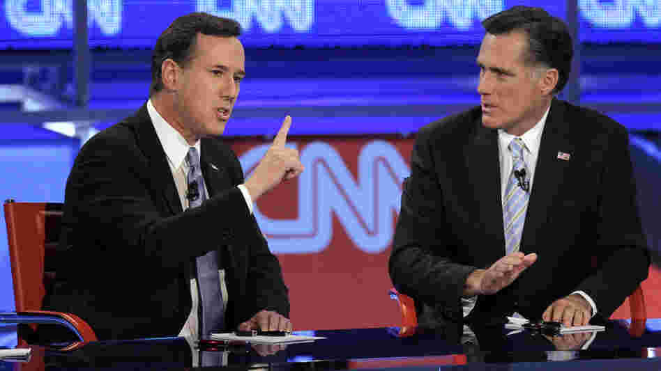 Republican presidential candidates Rick Santorum and Mitt Romney clashed often during Wednesday's GOP debate. Republican presidential candidates Rick Santorum and Mitt Romney clashed often during Wednesday's GOP debate.