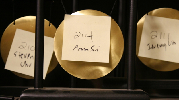 This set of desktop gongs honors prominent Chinese Americans. Small gongs are popular, Borakove says, for workplaces and corporate events. 