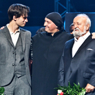 Jonny Greenwood, AUKSO Chamber Orchestra conductor Marek Mos and Krzysztof Penderecki, on stage after a 2011 concert. Jonny Greenwood, AUKSO Chamber Orchestra conductor Marek Mos and Krzysztof Penderecki, on stage after a 2011 concert.