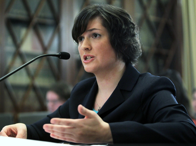 Law student Sandra Fluke talking to House Democrats, February 23, 2012.