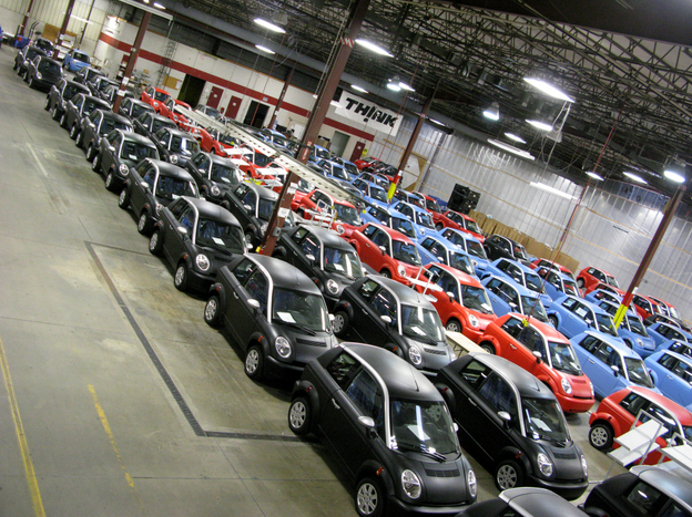 Most of these electric cars on the Think factory floor in Elkhart, Ind., are finished and ready to go, waiting to be sold. Some are merely waiting to be delivered to their new owners.