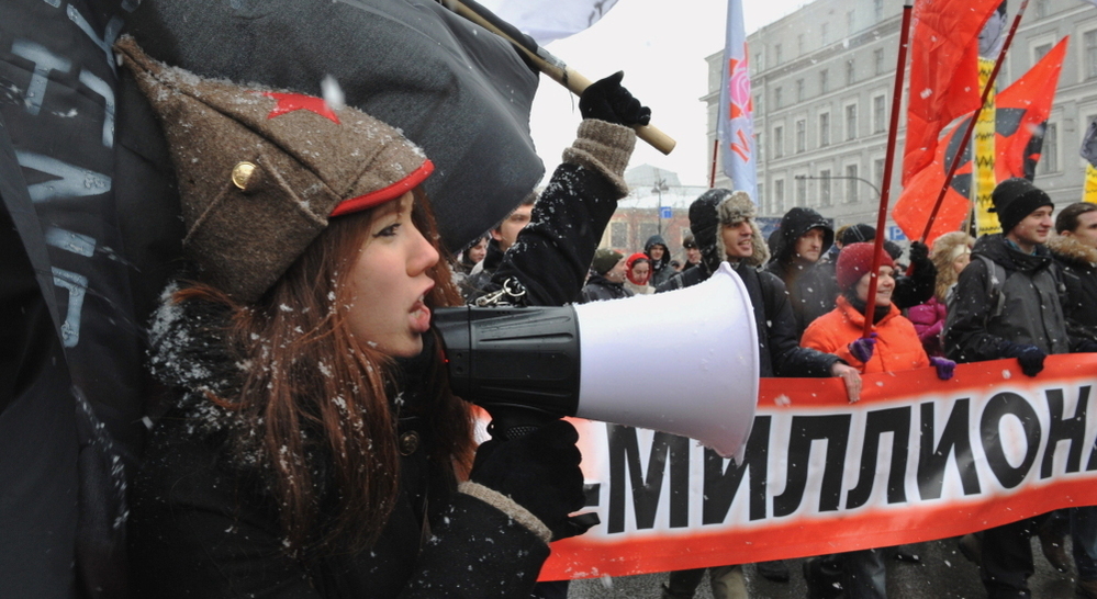 Russian demonstrators protest in St. Petersburg against Prime Minister Vladimir Putin's expected return to the Kremlin.