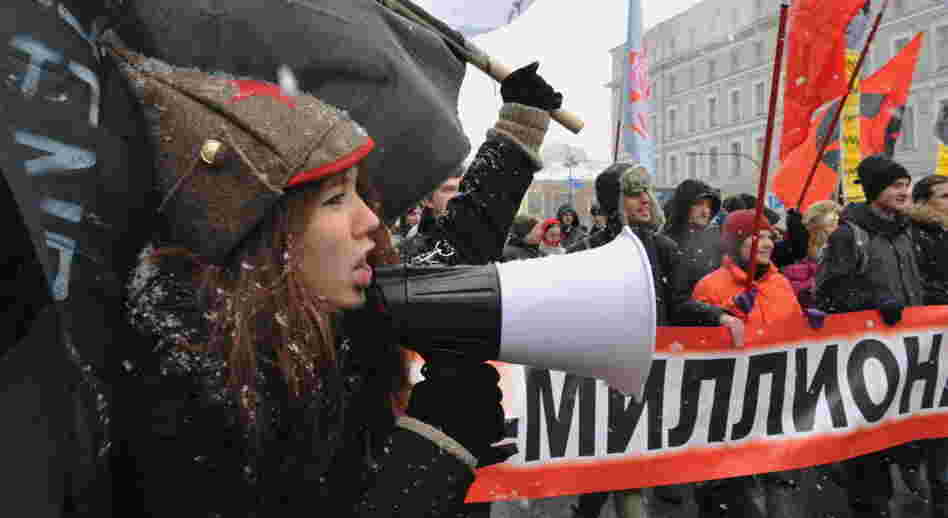 Russian demonstrators protest in St. Petersburg against Prime Minister Vladimir Putin's expected return to the Kremlin.