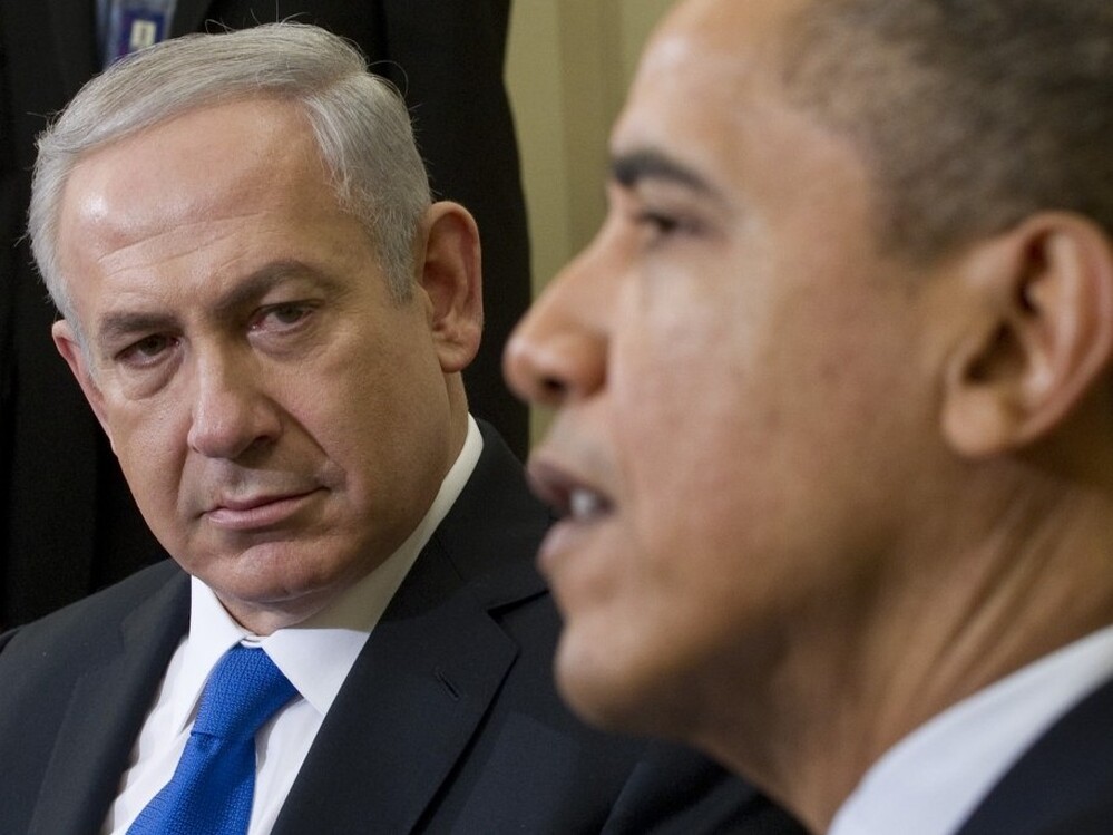 Israeli Prime Minister Benjamin Netanyahu looked on as President Obama spoke this morning in the Oval Office of the White House. 