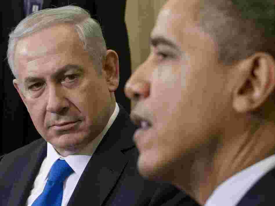 Israeli Prime Minister Benjamin Netanyahu looked on as President Obama spoke this morning in the Oval Office of the White House. 