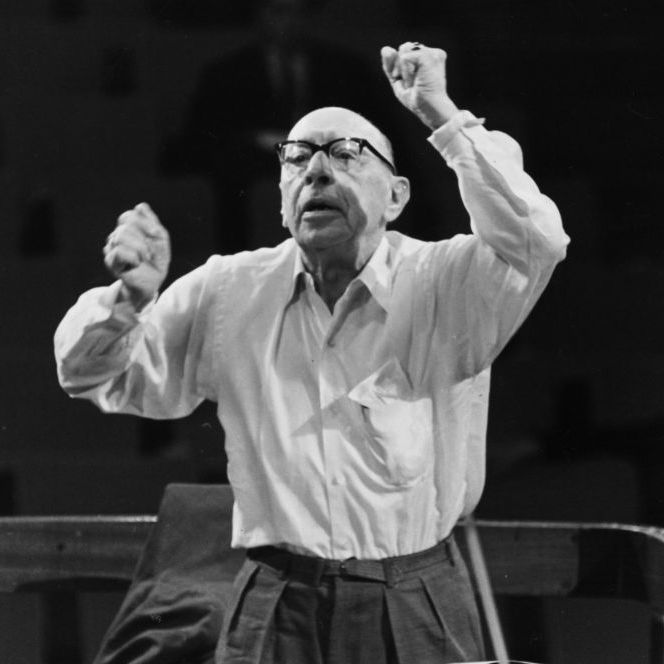 Igor Stravinsky conducting the Philharmonic Orchestra in rehearsal at the Royal Festival Hall, London.