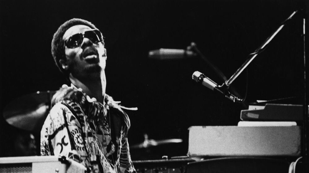 Stevie Wonder at his keyboard during a concert in 1973.