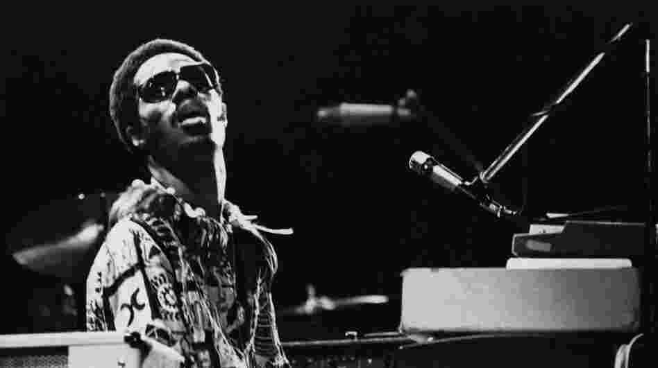 Stevie Wonder at his keyboard during a concert in 1973.