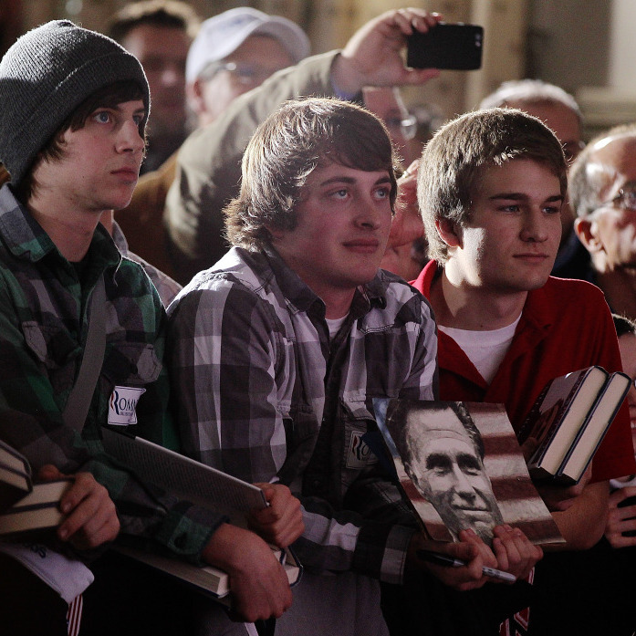 Supporters of Mitt Romney at a Zanesville, OH campaign rally, Monday, March 5, 2012.