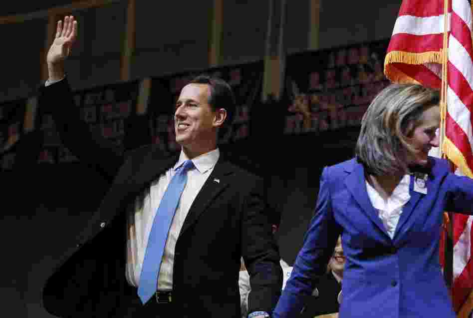 Rick Santorum and his wife, Karen, arrive at a rally in Steubenville, Ohio. 