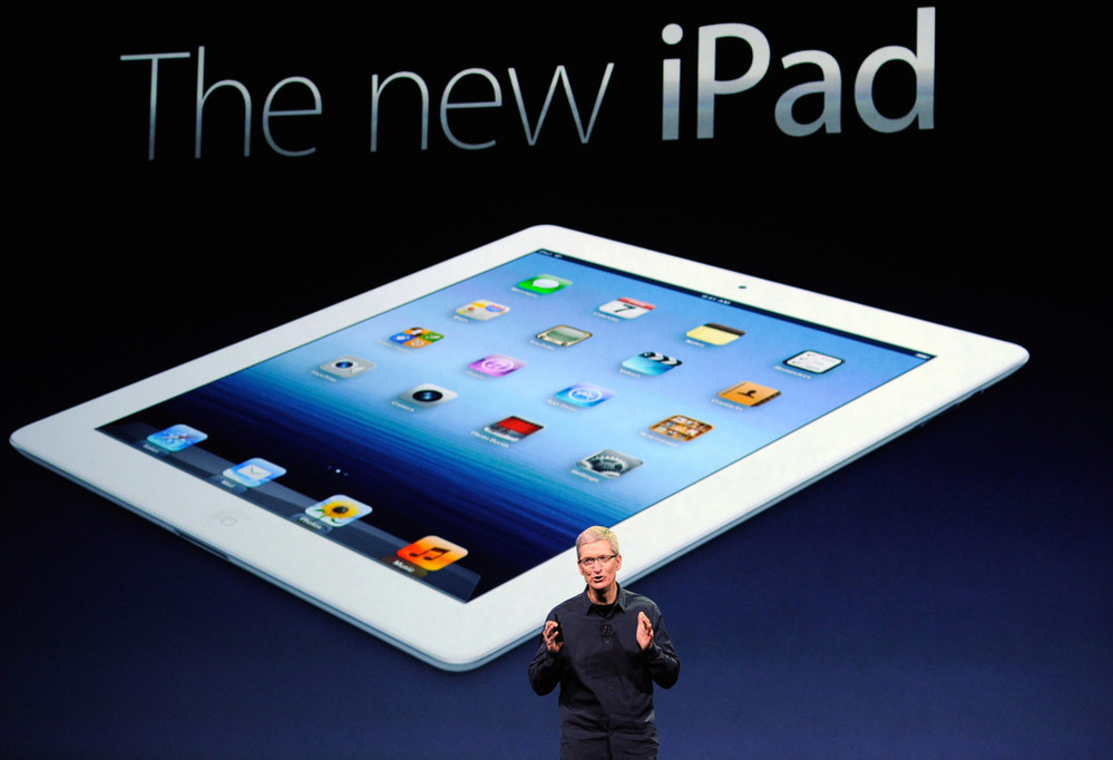 Apple CEO Tim Cook speaks during an Apple product launch event at Yerba Buena Center for the Arts in San Francisco, California, earlier today. In the first product release following the death of Steve Jobs, Apple Inc. introduced the third version of the iPad and an updated Apple TV.