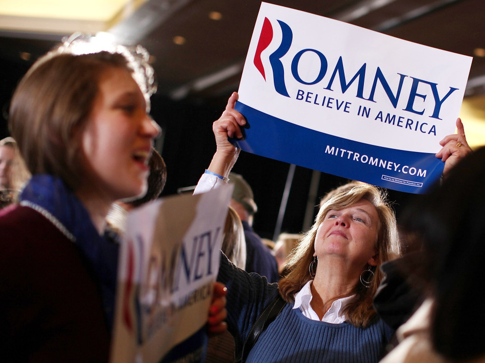 Romney supporters celebrate in Boston on Super Tuesday. Exit polls from Super Tuesday's GOP presidential contests suggest that front-runner Mitt Romney does best with women voters.