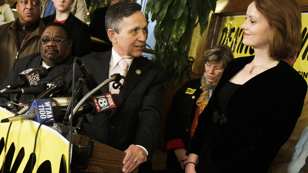 Rep. Dennis Kucinich, D-Ohio, thanks his wife, Elizabeth, while conceding defeat in his race against Rep. Marcy Kaptur at Rubin's Restaurant and Deli in Cleveland on Tuesday.