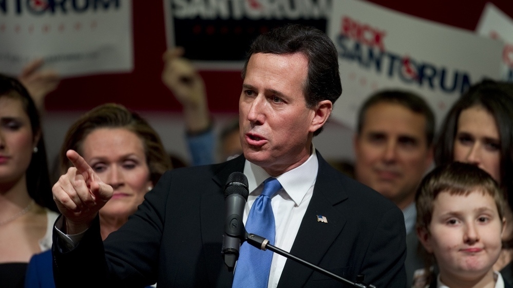 Republican presidential candidate Rick Santorum addresses an election night party in Steubenville, Ohio, on Tuesday.