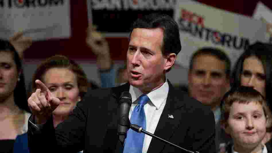 Republican presidential candidate Rick Santorum addresses an election night party in Steubenville, Ohio, on Tuesday.