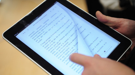 A customer reads a book an iPad. A customer reads a book an iPad.