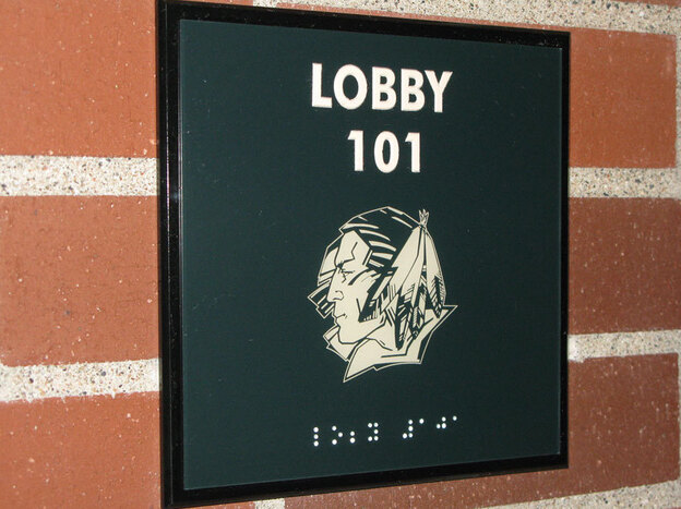 One of the 2,400 Fighting Sioux logos located throughout the University of North Dakota's hockey arena. 