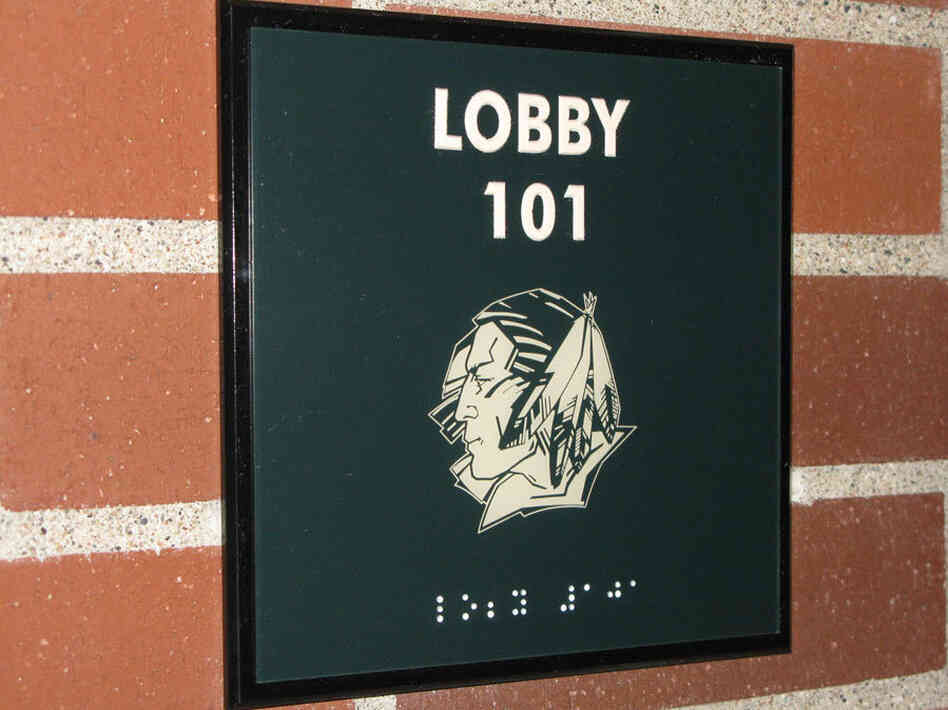 One of the 2,400 Fighting Sioux logos located throughout the University of North Dakota's hockey arena. 