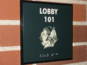 One of the 2,400 Fighting Sioux logos located throughout the University of North Dakota's hockey arena. One of the 2,400 Fighting Sioux logos located throughout the University of North Dakota's hockey arena.