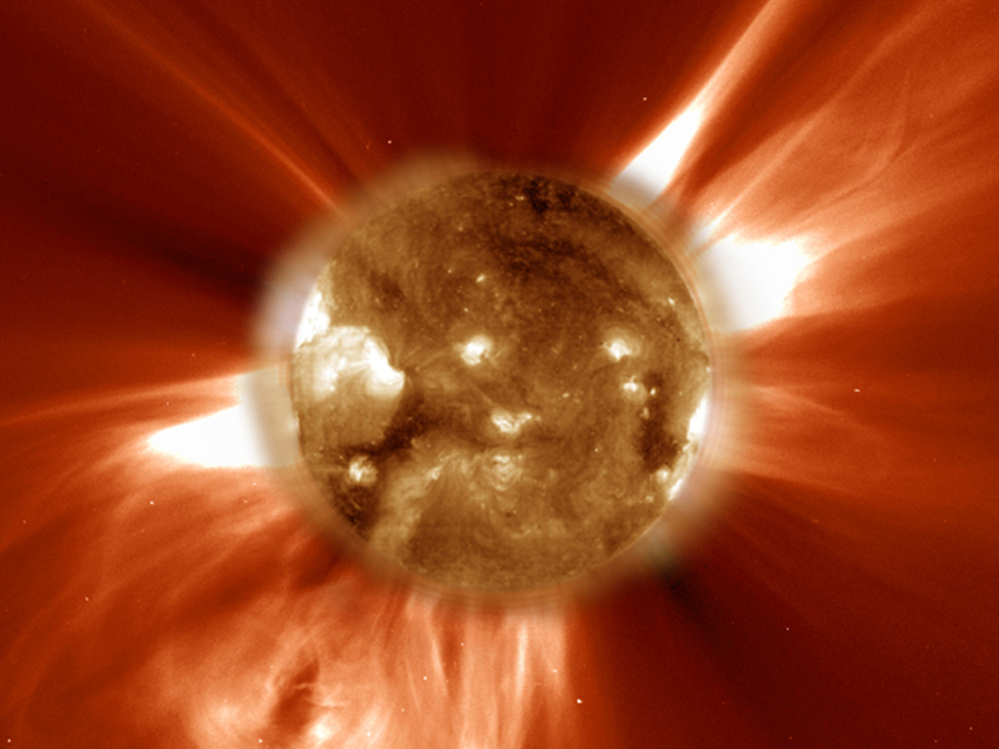 The sun-orbiting SOHO spacecraft captured this image of filaments erupting off the sun's surface and magnetic plasma blasting into space. The field of view of this image, seen in ultraviolet light, extends some 1.243 million miles from the solar surface.