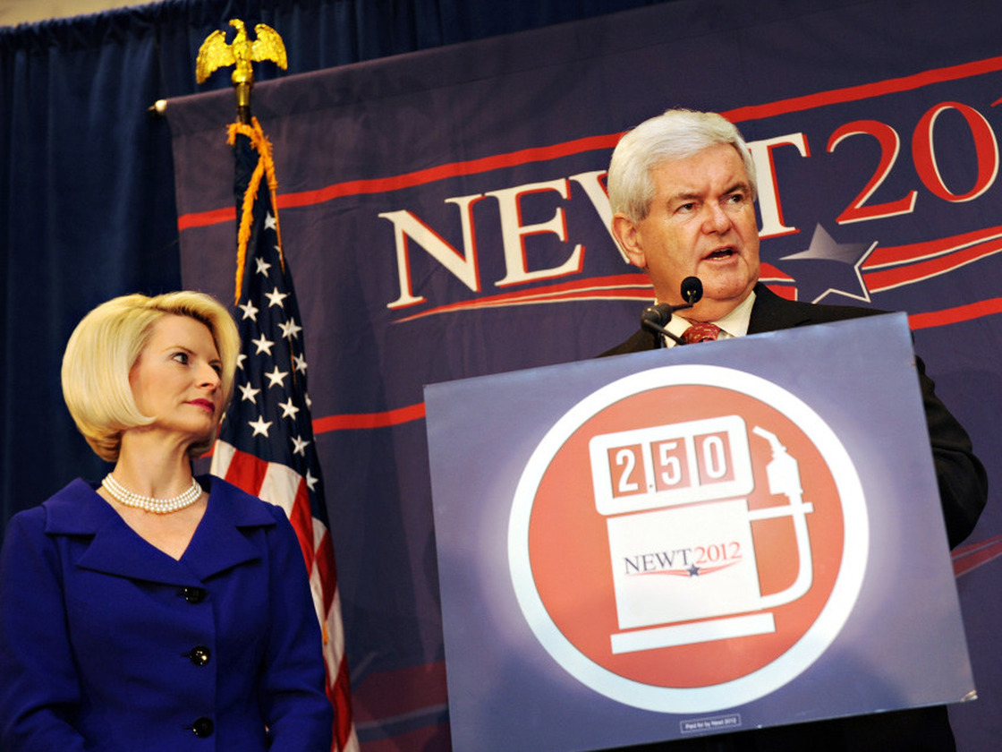 Former Speaker of the House Newt Gingrich speaks at a rally with his wife, Callista, on Thursday in Jackson, Miss.