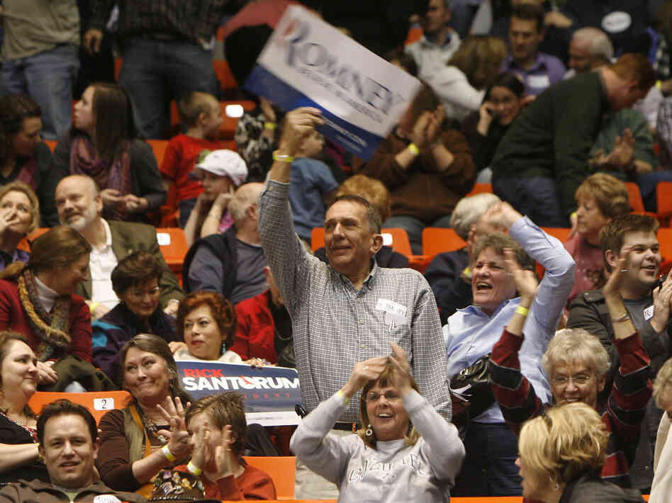 Ronald Wilcox of Boise reacts as results are announced at the Ada County Republican caucus on Super Tuesday at Taco Bell Arena on the campus of Boise State University. 