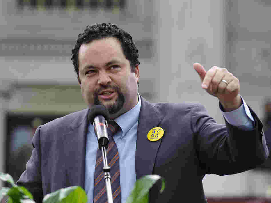 NAACP President Benjamin Jealous hopes that international pressure might be another weapon against strict new voter ID laws. Here Jealous speaks on Jan. 16 at the South Carolina State House in Columbia, S.C., for Martin Luther King Day. 