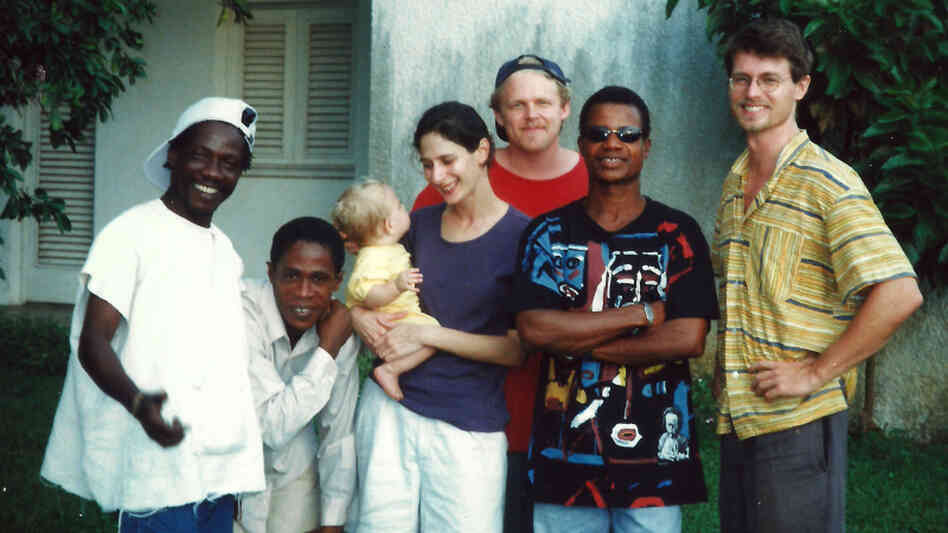 Zieti's members and extended family in the band's early days. Left to right: Tiende Laurent, Gnakale Aristide, Michael Shereikis (in back) with wife Natasha and son Nicholas, Yeoue Narcisse and Alex Owre.