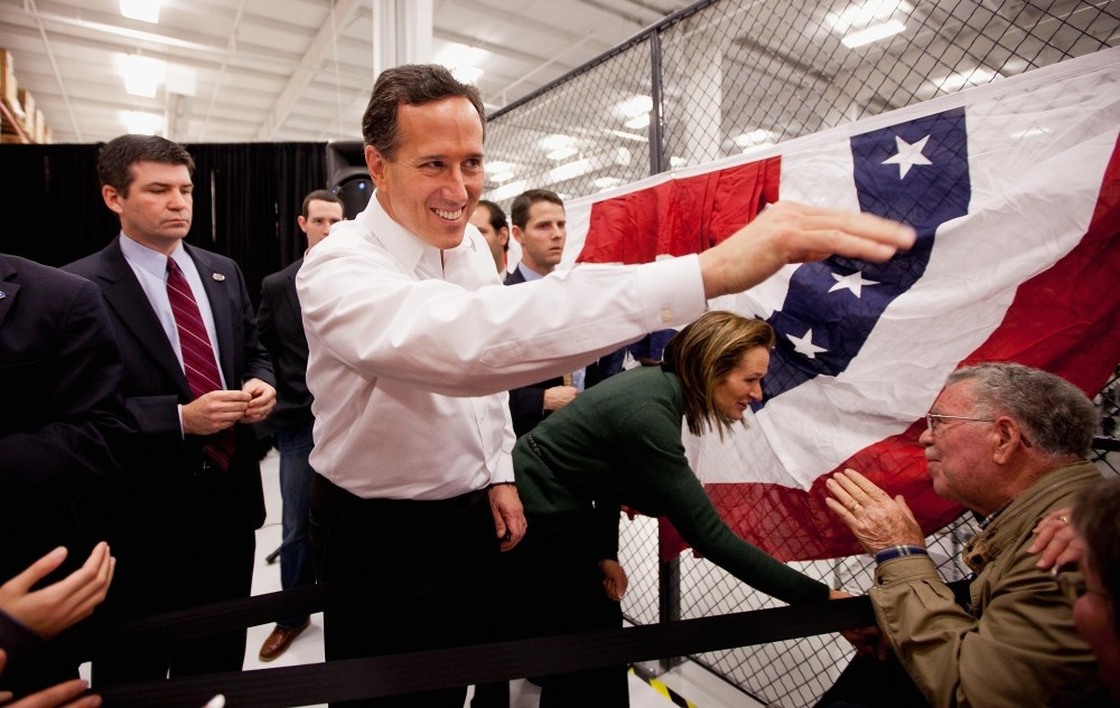 Former Pennsylvania Sen. Rick Santorum and his wife, Karen, greet supporters during a rally Saturday in Springfield, Mo. After picking up a decisive win in Kansas, Santorum now turns his attention to Missouri's upcoming caucuses.