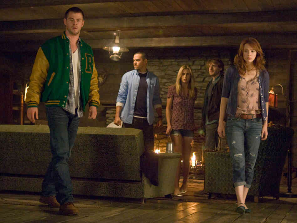 Curt (Chris Hemsworth), Holden (Jesse Williams), Jules (Anna Hutchison), Marty (Fran Kranz) and Dana (Kristen Connolly) head off for a fun weekend in Drew Goddard and Joss Whedon's The Cabin in the Woods.