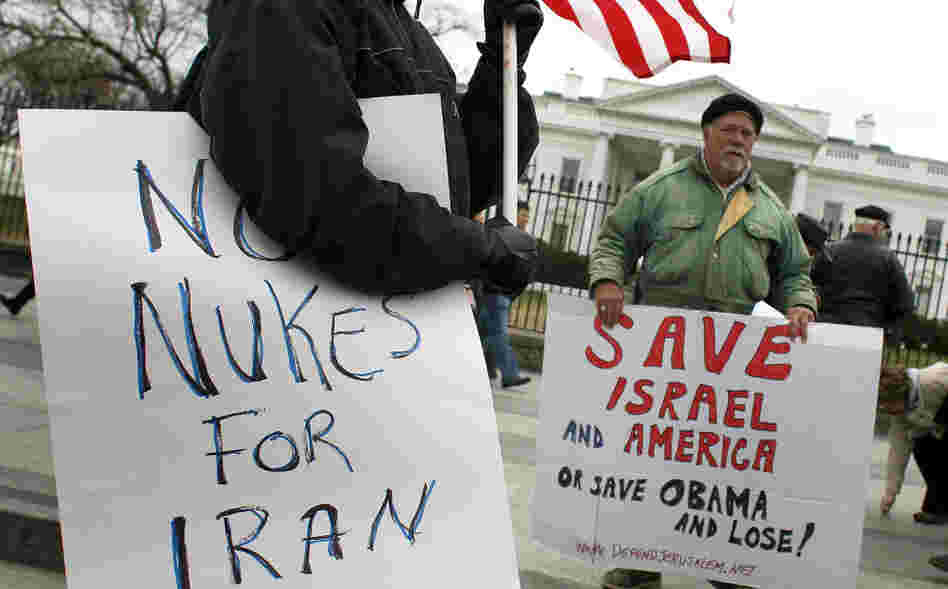 Bob Kunst (right) protests against a nuclear Iran in front of the White House on Monday.