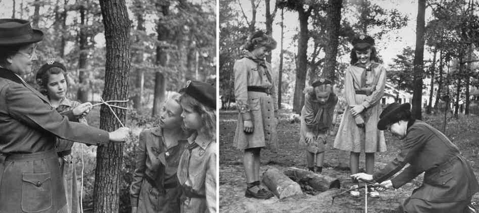 The first girl scout, Daisy Gordon Lawrence (left), demonstrates techniques like rope-tying and fire-making to young scouts in the late 1940s. See more from this series on Life's site. The first girl scout, Daisy Gordon Lawrence (left), demonstrates techniques like rope-tying and fire-making to young scouts in the late 1940s. See more from this series on Life's site.