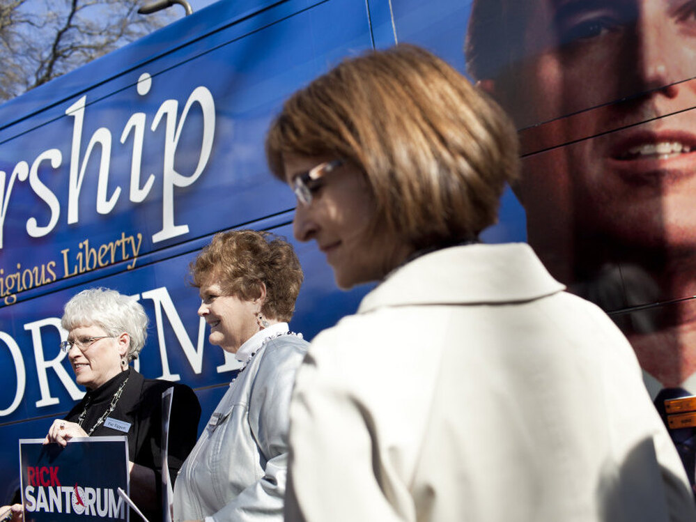 Supporters of Rick Santorum, organized by the anti-abortion Susan B. Anthony List, spoke outside the Georgia State Capitol on March 5. 